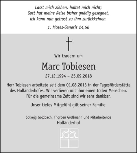 Traueranzeigen Von Marc Tobiesen Sh Z Trauer