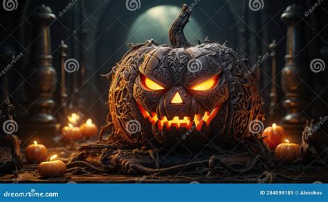 Spooky Shadow Of Carved Pumpkin With Candle Inside Ai Generated Stock Illustration