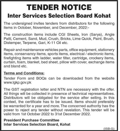 ISSB Kohat Tender Notice For Construction Items Repair Maint Of