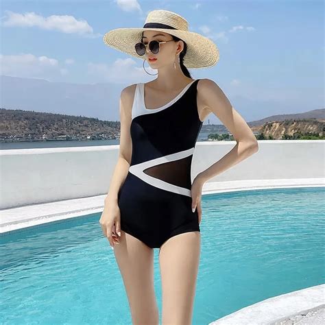 Korean Patchwork Strapped Swimwear Women 2023 Sexy Mesh Hollow One