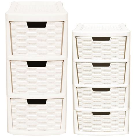 Rattan Style 2pcs Plastic 3 Drawer And 4 Drawer Tower Storage Unit Set