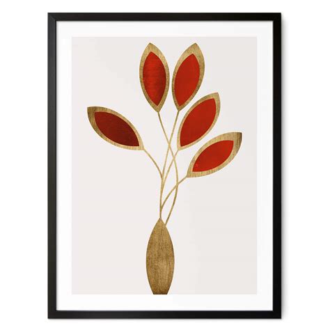 Poster Kubistika Five Abstract Leaves Rood Goud Wall Art Nl