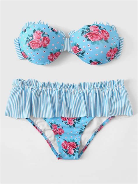 Blue Floral Striped Swimsuit Underwire Bandeau Ruffle Bikini Bottom