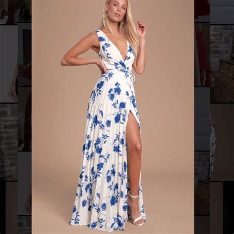 Lulus Dresses Lindsie Blue And White Floral Print Pleated Wrap Maxi