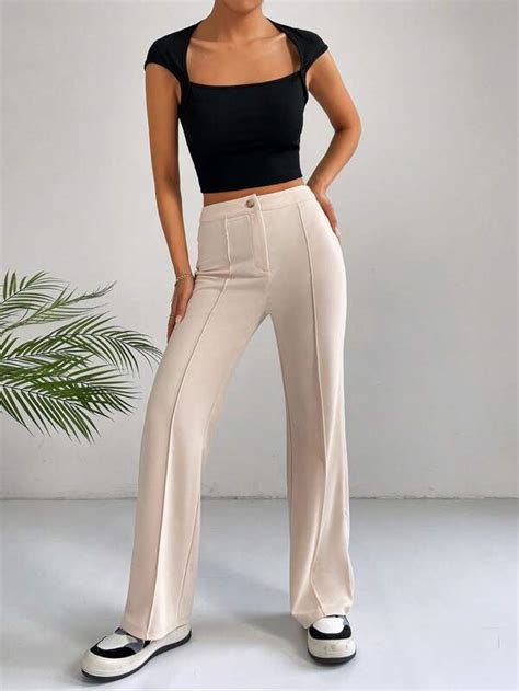 Shein Ezwear Pantalones Rectos De Talle Alto Con Costura Detalle Moda