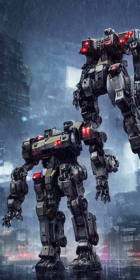 Battletech Mech In A City Futuristic Rain Stable Diffusion