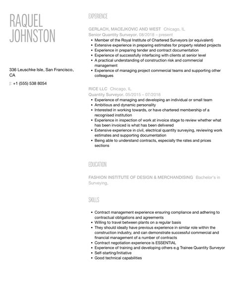 Quantity Surveyor Resume Samples | Velvet Jobs