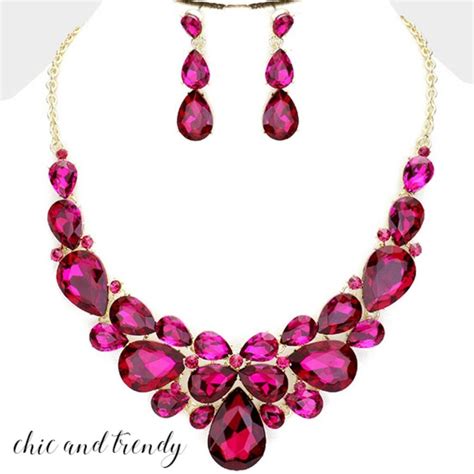 High Quality Pink Fushia Glass Crystal Prom Formal Chunky Necklace