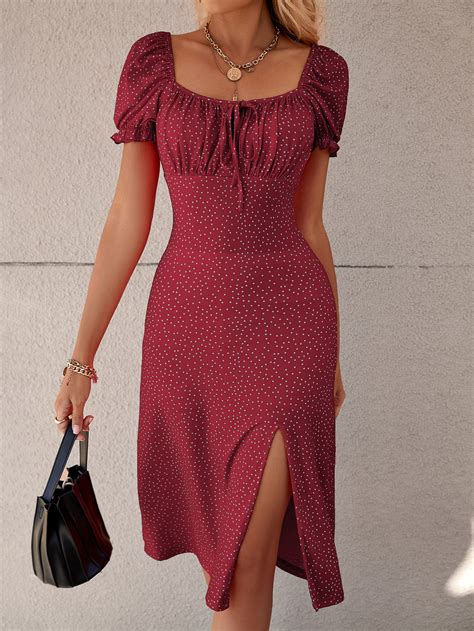 Shein Vcay Polka Dot Puff Sleeve Tie Front Ruched Bust Slit Hem Dress