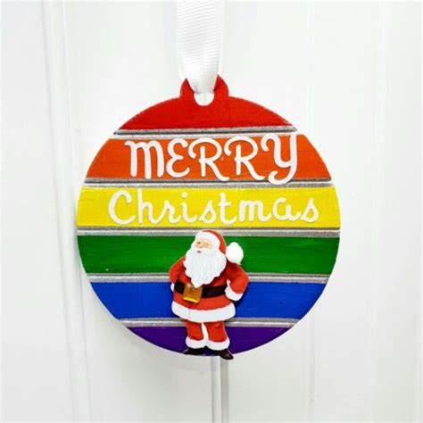 Santa On Rainbow And Silver Lgbtq Hand Painted Christmas Tree Ornament 3