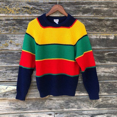 Vintage Striped Sweater Colorblock Red Green Gold Mustard Yellow Blue