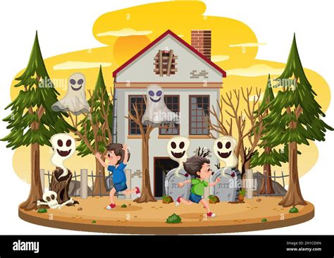 Niños en la ilustración de la casa embrujada Imagen Vector de stock Alamy