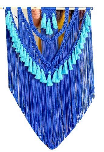 Knitted Cotton And Wooden Blue Macrame Wall Hanging For Decoration