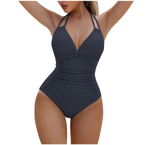 Halter One Piece Swimsuits for Women Ruched Bathing Suits Strappy V