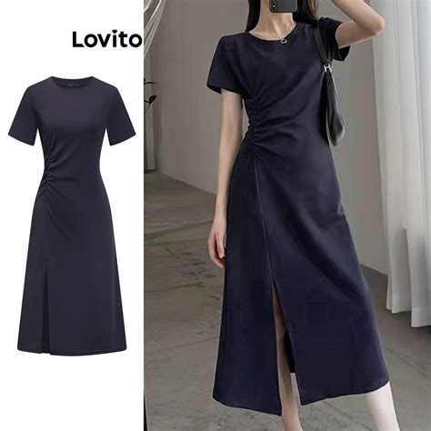 Lovito Elegant Plain Asymmetrical Pleated Dress For Women L Ed