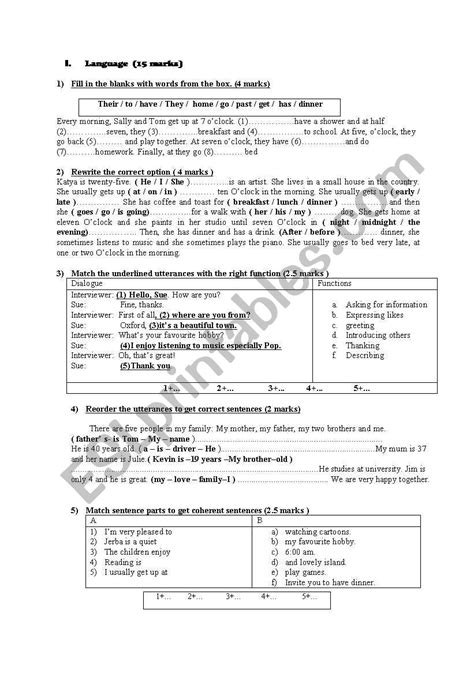 End Term Test N Th Form Esl Worksheet By Sabibou