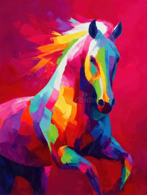 Colorful Horse Painting in Motion Against a Red Background Showing ...
