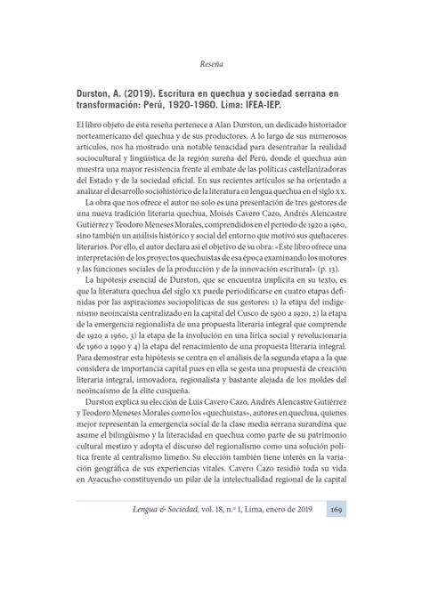 Pdf Durston A 2019 Escritura En Quechua Y Sociedad Serrana En Transformación Perú 1920