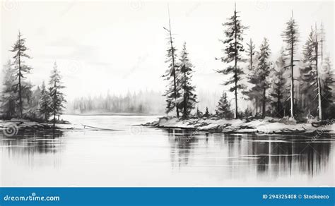 Serene Watercolor Painting Of Pine Trees Along Water In Black And White Stock Illustration