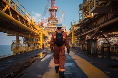 Premium Ai Image An Offshore Oil Rig Worker Walks To An Oil And Gas