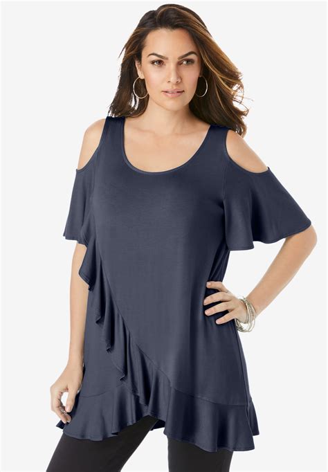 Cold Shoulder Ruffle Tunic With Flutter Sleeves Plus Sizetops