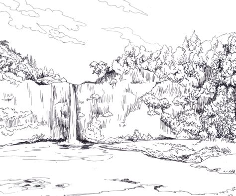 Landscape drawing including trees,river,mountain,houses etc