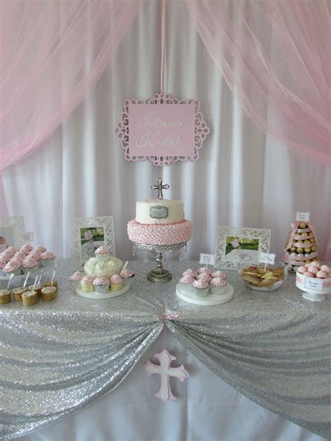 Baby Girl Pink Baptism dessert table cake table Christening Dessert ...