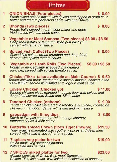 7 Spices Menu, Menu for 7 Spices, Applecross, Perth - Urbanspoon/Zomato