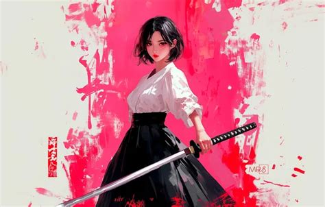 Wallpaper Girl Sword Fantasy Katana Brunette Samurai Asian Digital Art For Mobile And