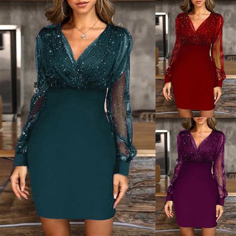 Elegant Sequin Sparkling Dress For Women Sexy V Neck Party Evening