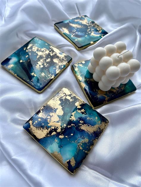 Handcrafted Set Of 4 Alcohol Ink Resin Coasters With Abstract Art Design For Home Decor And