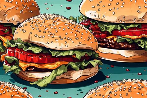 Seamless Pattern With Burgers Hamburgers Cheeseburgers On Blue