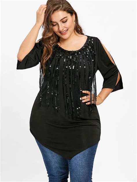 Wipalo Plus Size Spring Sequins Fringe Asymmetric Shirt Women Clothing