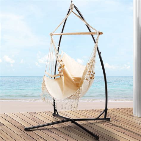 Steel Hammock Chair Stand with Tasseled Hammock Swing Chair in Cream ...