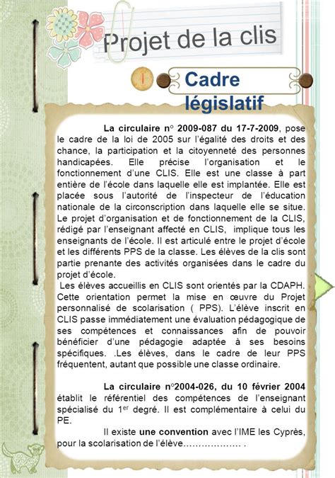 Projet de la clis Cadre législatif La circulaire n du pose le cadre