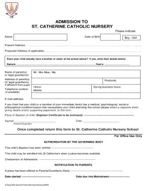 Fillable Online Admission To St Catherine Catholic Nursery Fax Email