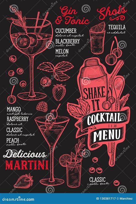 Cocktail Drink Menu Template For Restaurant With Doodle Hand Drawn Graphic Stock Vector