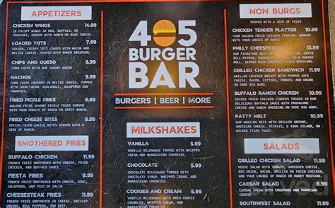 405 Burger Bar menu in Norman, Oklahoma, USA