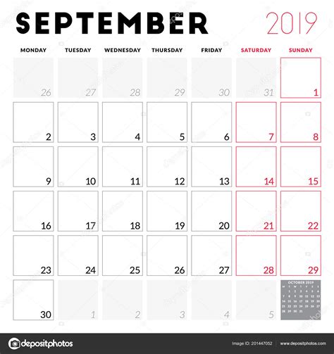 Septiembre 2019 Planificador Calendario Para Septiembre 2019 Semana