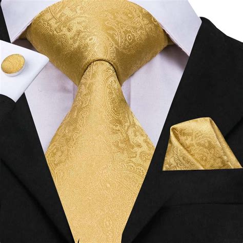 Hi Tie Silk Men Tie Set Floral Yellow Gold Ties And Handkerchiefs Cufflinks Set Mens Wedding