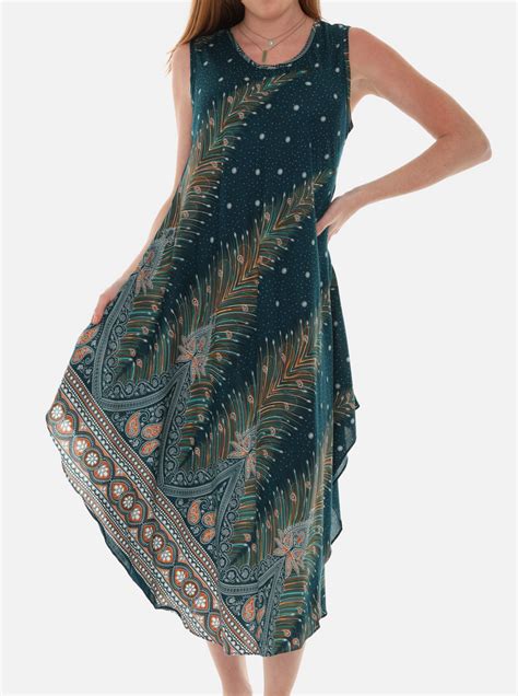 Peacock Feather Print Dress With Crew Neck Shoreline Wear Inc