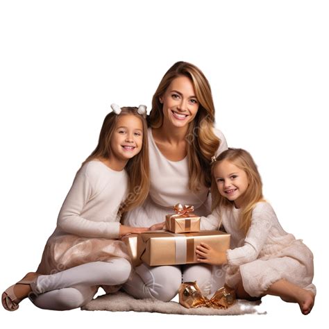 Happy Young Mother And Two Daughter Sitting With Christmas Ts On