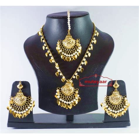 Gold Plated Traditional Punjabi Jewellery Earrings Tikka Pendant Set