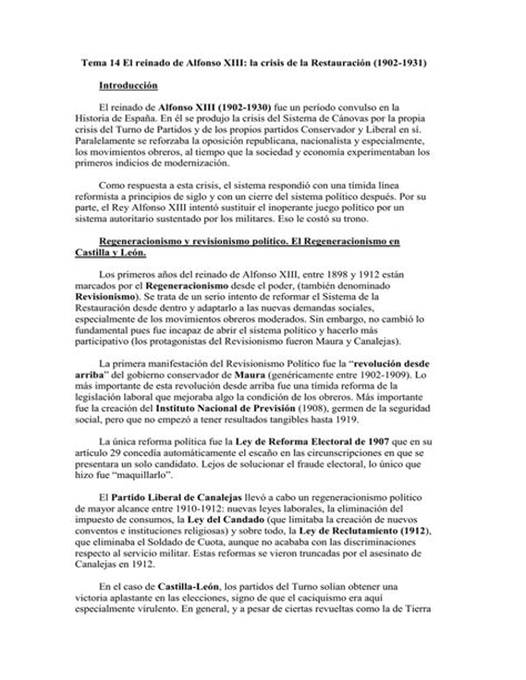 Tema El Reinado De Alfonso Xiii La Crisis De La Restauraci N