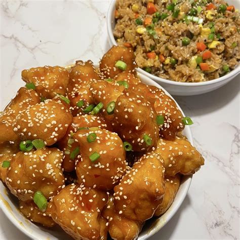 Homemade Orange Chicken And Egg Fried Rice Food