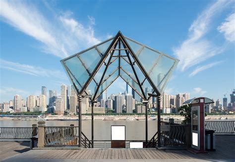 Premium Photo | Chongqing city skyline, with wooden floors and guardrails.