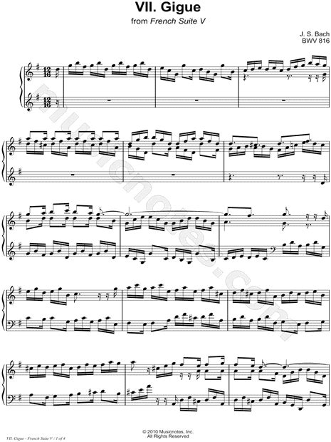 Johann Sebastian Bach French Suite No 5 BWV 816 7 Gigue Sheet