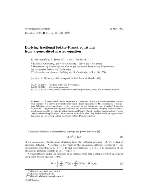 Pdf Deriving Fractional Fokker Planck Equations From A Generalised