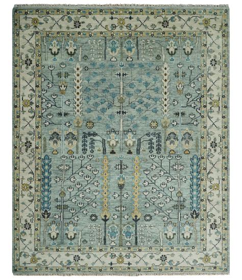 Turkish Wool Oushak Rug Blue And Ivory Hand Knotted 6x9 Etsy