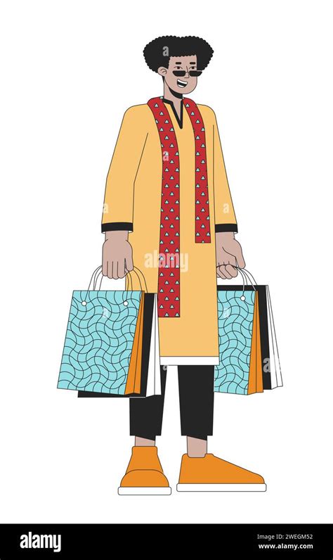 Ethnic Kurta Latino Man Holding T Bags 2d Linear Cartoon Character